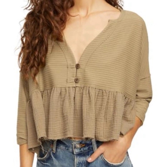 Free People Dallas Crop Henley Top In Tan Brown Gauze Size S, Boho Blouse - Picture 1 of 12